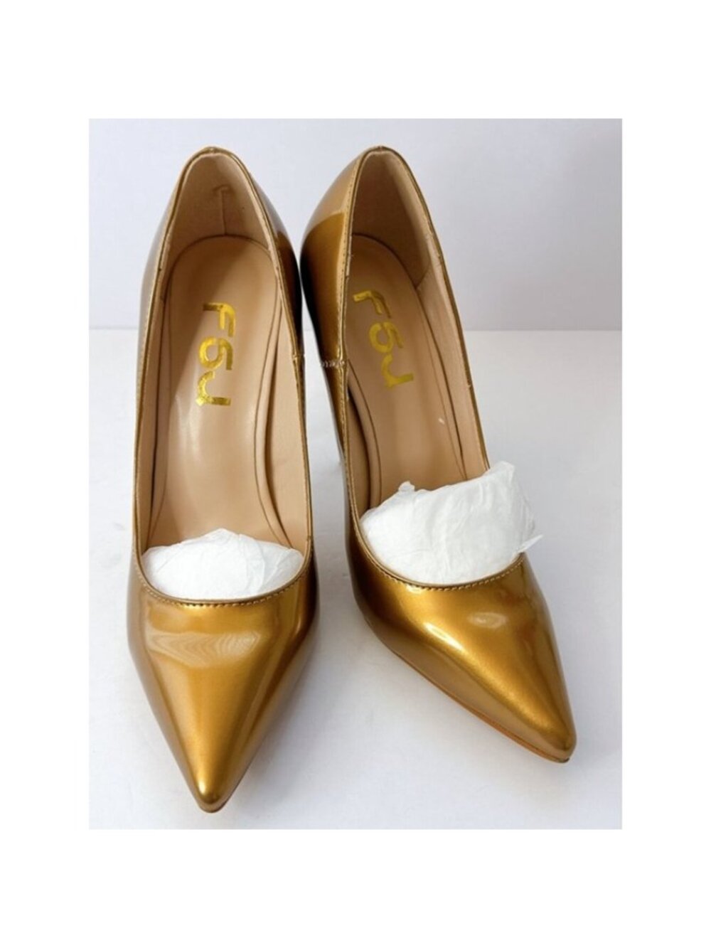 Size 7.5 Gold Patent Stiletto Heels Pointed Toe Pumps Classic Party Shoes FSJ